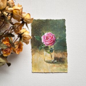 ROSE FLOWER original painting gallery wall art pink rose decor 4 x 6 botanical miniature field flower unframed image 9