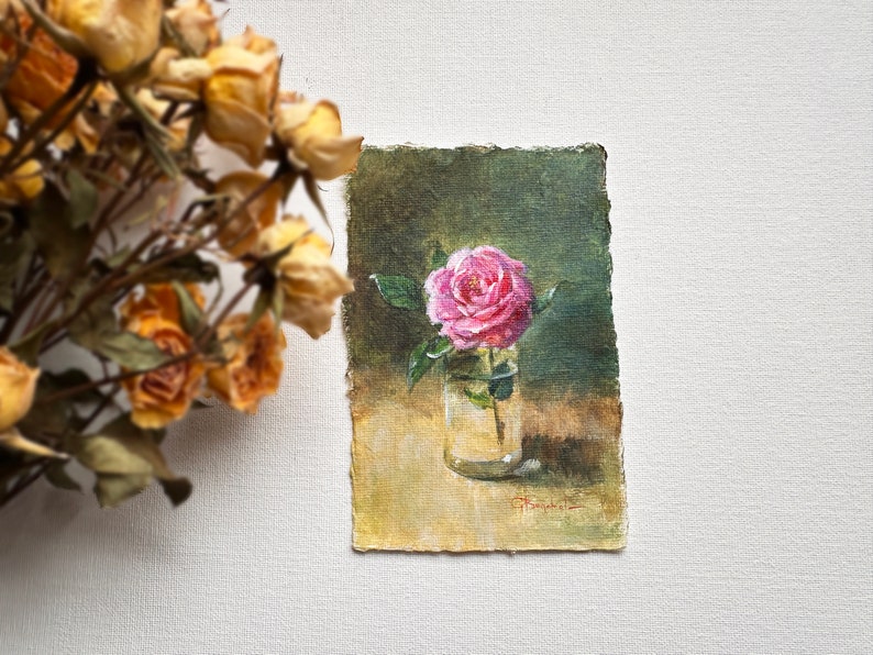ROSE FLOWER original painting gallery wall art pink rose decor 4 x 6 botanical miniature field flower unframed image 9