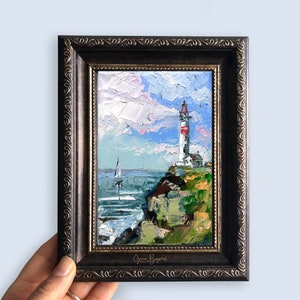 LIGHTHOUSE painting seascape miniature sailboat art unframed Bild 3