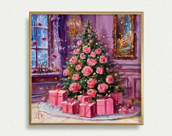 Roses Christmas tree print Festive winter holiday decor Vintage-style Christmas tree Oil painting print for cozy seasonal interiors Unframed