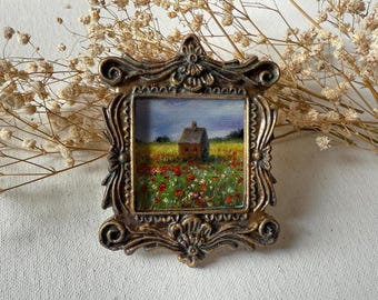 Miniature Cottage Oil Painting - Cozy Landscape, Framed Vintage-Looking Wall Art