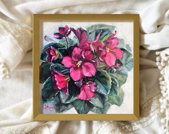 African Violets - Original Oil Painting, Floral Wall Art, Colorful Home Decor - Unframed