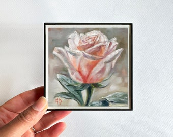 BLUSH PINK ROSE painting fine art print  -  framed miniature giclée print 4”x4” floral wall art mother's day gift housewarming