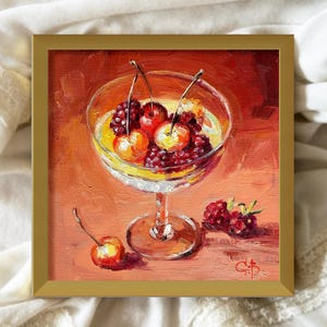 Raspberry dessert original oil painting for kitchen dining Vibrant Cherry delight artwork 6x6 Still life  Colorful food art Unframed