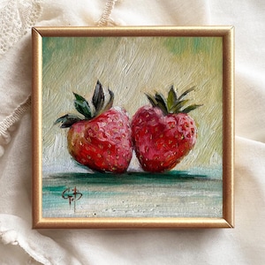 Two strawberries original oil painting Small cute kitchen art Miniature still life Garden berry artwork Colorful food art