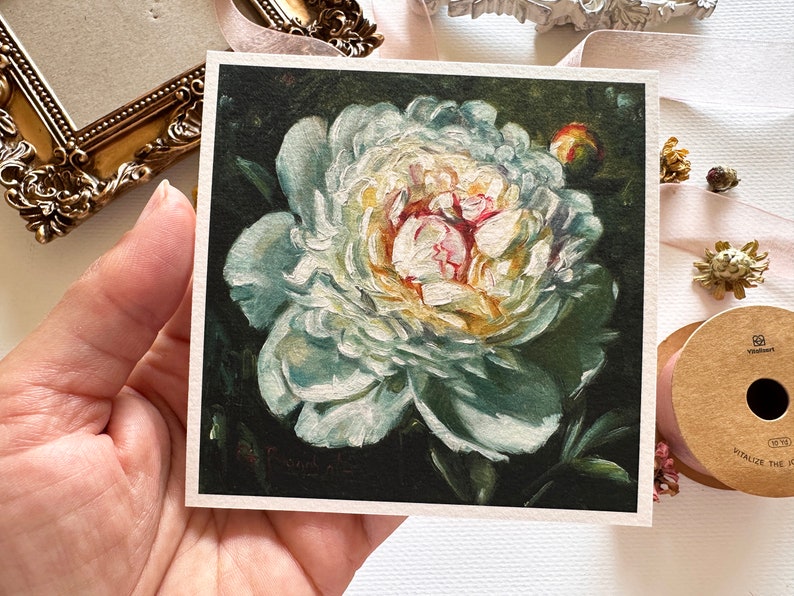 WHITE PEONY painting giclée print 4x4 miniature botanical fine art print FRAMED unframed