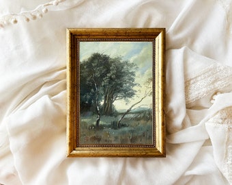 FRENCH LANDSCAPE original painting 6” x 8" vintage look wall art farmhouse decor tree painting