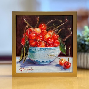 Cherries original oil painting Kitchen decor Colorful food art Vibrant Still life Best home gift idea Small fruit artwork Berry art Unframed