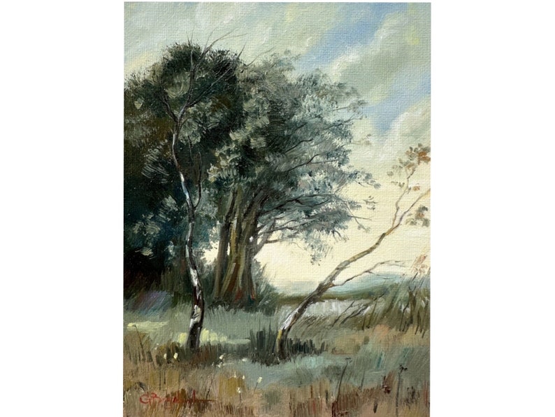 FRENCH LANDSCAPE original painting 6 x 8 vintage look wall art farmhouse decor tree painting image 3