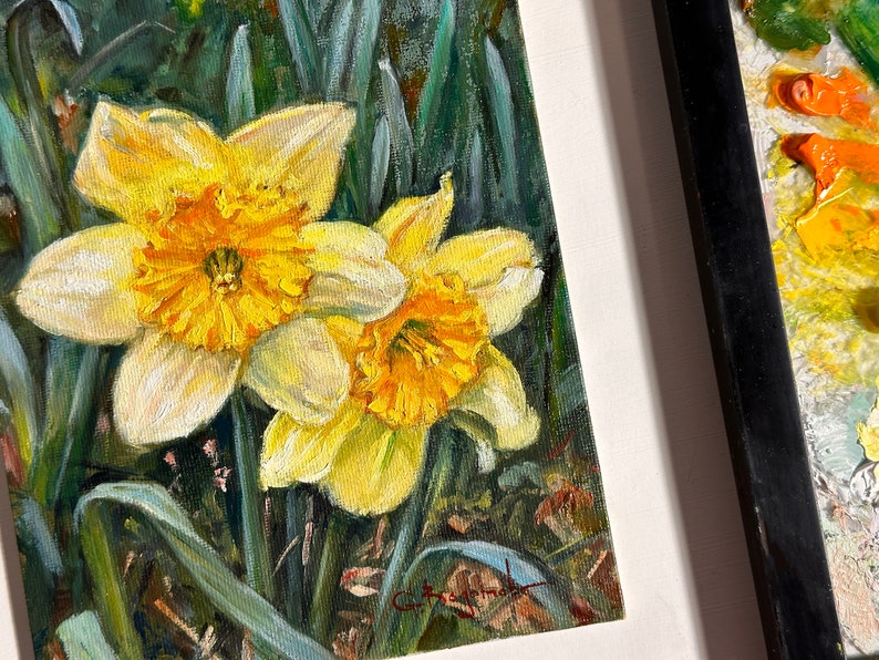 DAFFODILS original oil painting 6 x 8 in. spring flowers gallery wall art unframed image 3