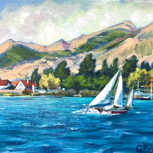 Seascape painting - Mountain landscape - Original canvas art - Sailboat marine wall art - Nautical home decor Drifting boat Sea sky painting