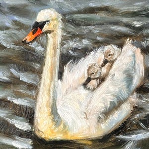 White Swan carrying cygnets - Original oil painting - Bird portrait - Charming nursery or bedroom decor - 6x8 unframed wall art