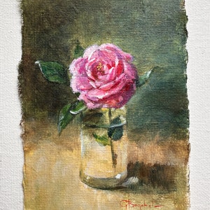 ROSE FLOWER original painting gallery wall art pink rose decor 4 x 6 botanical miniature field flower unframed image 8