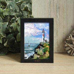 LIGHTHOUSE painting seascape miniature sailboat art unframed Bild 6