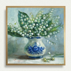 Impresión de LIRIO de los VALLES de pintura original Delicadas flores primaverales en jarrón vintage azul y blanco Arte floral de pared para cualquier habitación Sin marco