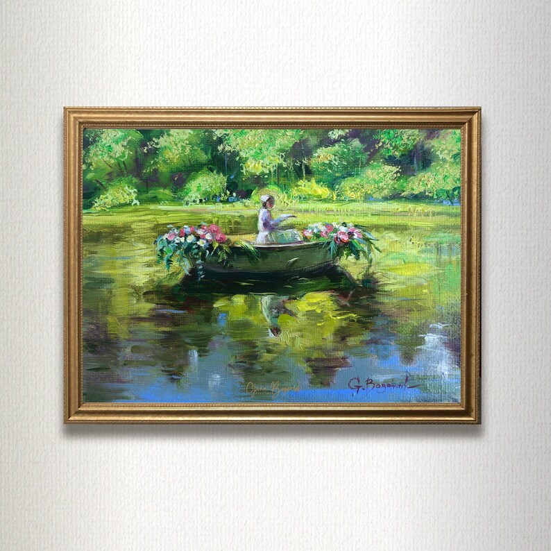 YOUNG GIRL in Boat With Flowers Oil Painting Fine Art Print River