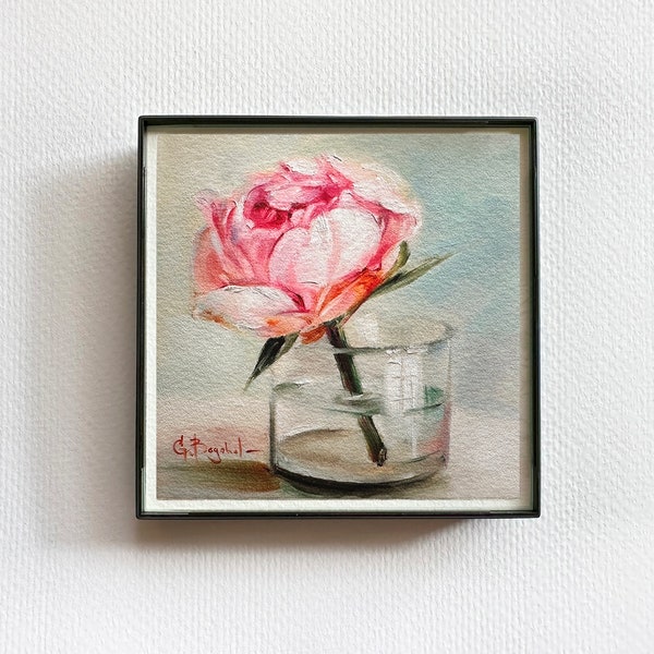 PEONY painting fine art print FRAMED  -   miniature giclée print 4”x4” floral wall art housewarming