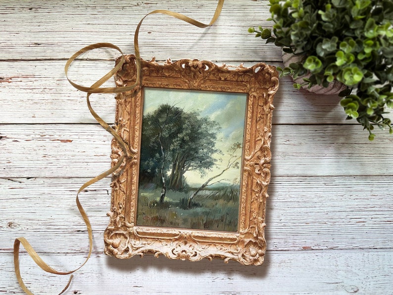 FRENCH LANDSCAPE original painting 6 x 8 vintage look wall art farmhouse decor tree painting image 8