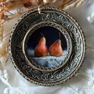Two pears framed vintage looking tiny wall art, Still life with fruits, Classical oil painting for kitchen, Unique decor in gold frame