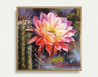 CACTUS oil painting original art cactus flower blooming tropical plant kitchen art bedroom art 6 x 6 unframed