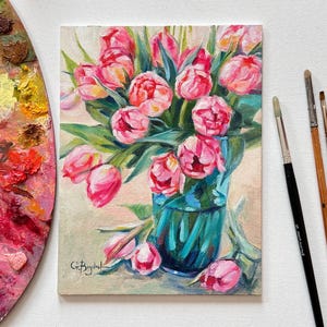 Original oil painting of pink tulips in a vase