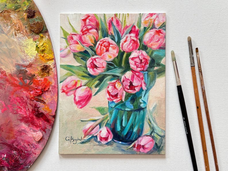 Original oil painting of pink tulips in a vase