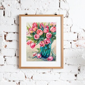 A pink tulips in a vase oil painting print
