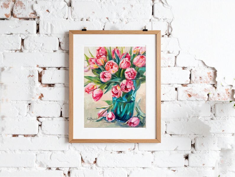 A pink tulips in a vase oil painting print