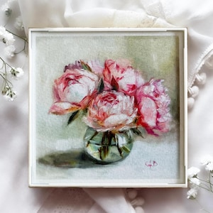 Miniature Bouquet of Pink Peonies - Small botanical print 4x4 - Framed floral wall art for her