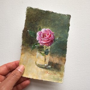 ROSE FLOWER original painting gallery wall art pink rose decor 4 x 6 botanical miniature field flower unframed image 3