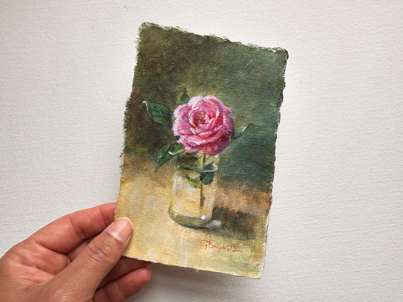 ROSE FLOWER original painting gallery wall art pink rose decor 4 x 6 botanical miniature field flower unframed image 3