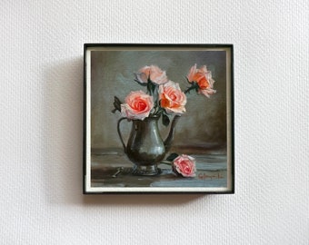 ROSES painting fine art print FRAMED  -   miniature giclée print 4”x4” bouquet of rose flowers pink gray tones wall art housewarming