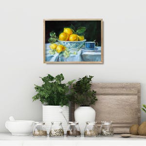 Lemon art oil painting print Still life with Lemons and Chinese cup Colorful food wall art for kitchen dining room Citrus print Unframed