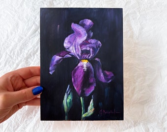 IRIS original oil painting purple wall art floral home decor kitchen decor unframed