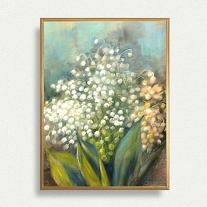 Lily of the Valley fine art print early spring florals bouquet of wildflowers, forest greenery blue-green wall art still life unframed