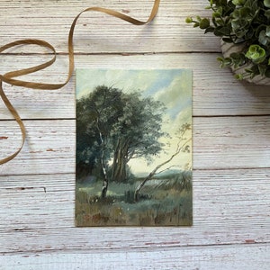 FRENCH LANDSCAPE original painting 6 x 8 vintage look wall art farmhouse decor tree painting image 5