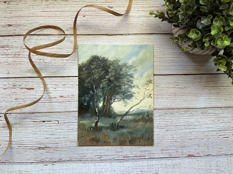 FRENCH LANDSCAPE original painting 6 x 8 vintage look wall art farmhouse decor tree painting image 5