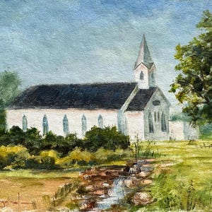 White chapel small painting Original art Country church Wedding chapel art Christian home decor Inspirational gift Summer landscape Unframed