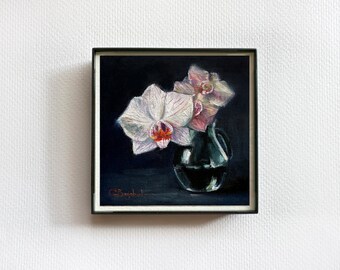 ORCHID painting fine art print FRAMED 4”x4” floral wall botanical giclée  print