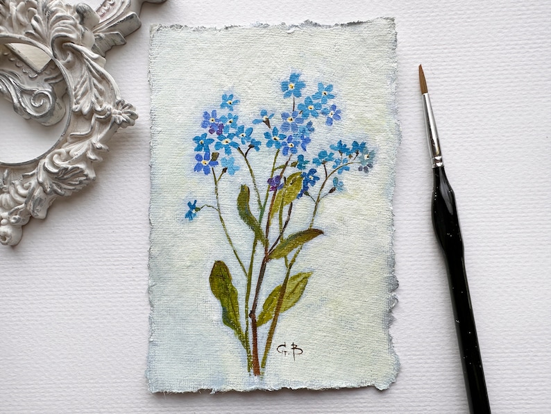 FORGET-ME-NOT original painting blue filed flowers botanical art wildflower unframed image 4