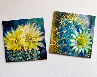 Set of two CACTUS painting original art blooming cactus 6" x 6" flower miniatures gallery wall art floral decor UNFRAMED