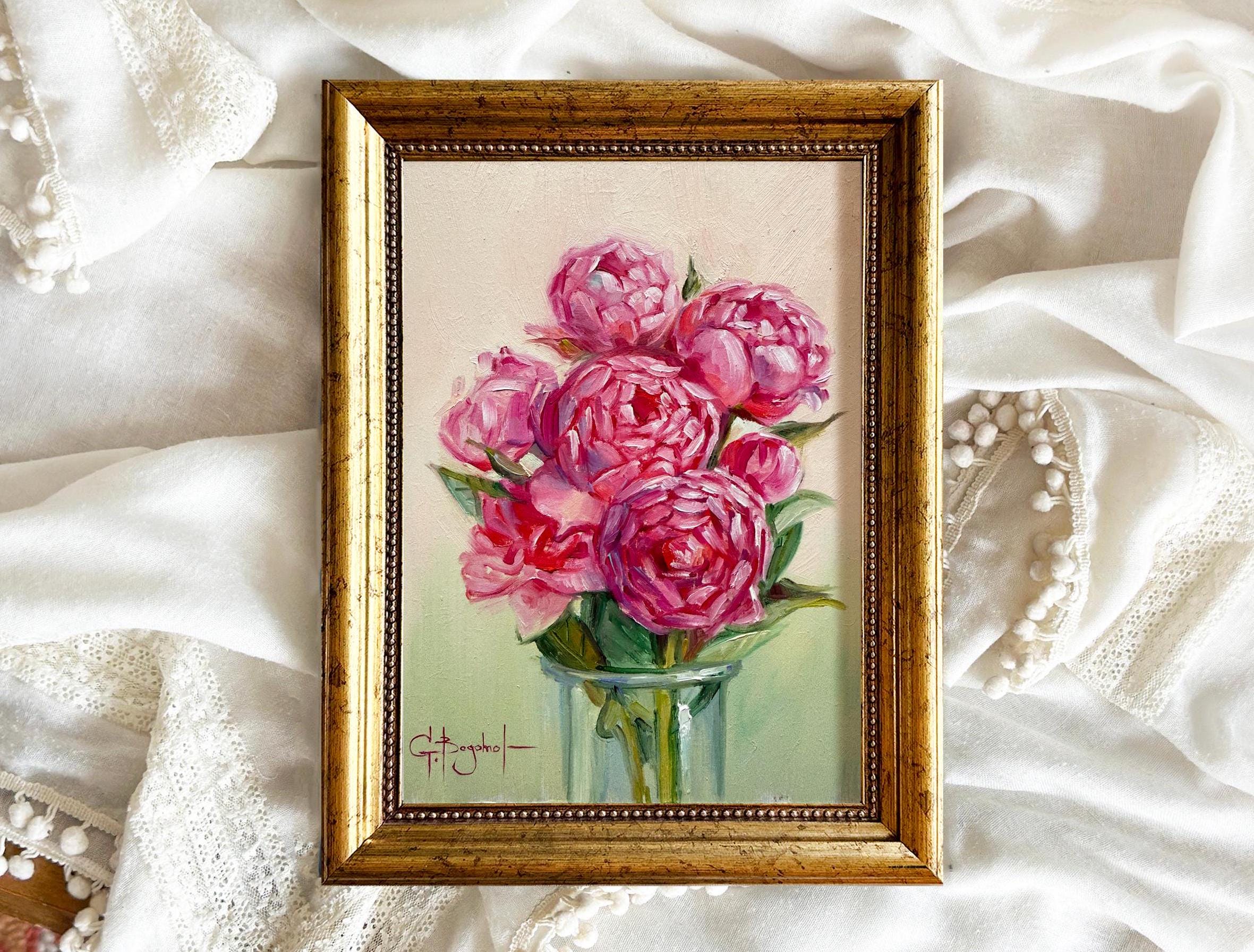 Hot pink peonies original oil painting 6 x 8 Floral wall art Peony artwork Handpainted botanical picture for living room Best gift Unframed