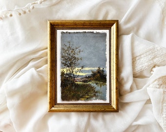 RURAL LANDSCAPE painting original art aspen tree riverside scene miniature gallery wall art unframed