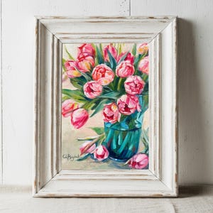 Pink tulips in a green  glass vase oil painting print. Floral wall decor