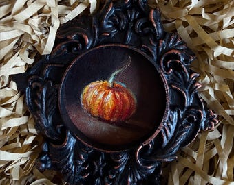 Miniature Pumpkin Painting - Tiny Fall Holiday Wall Art, Dark Autumn Artwork