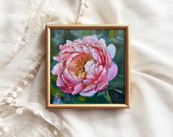 PINK PEONY miniature oil painting original art floral gift gallery wall art 4 x 4 in. small flower FRAMED