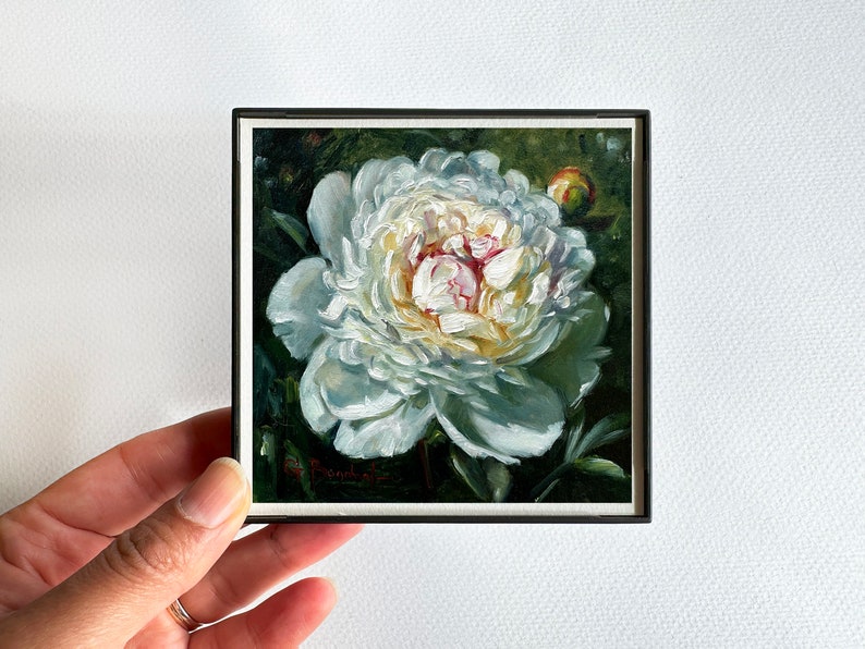 WHITE PEONY painting giclée print 4x4 miniature botanical fine art print FRAMED image 4