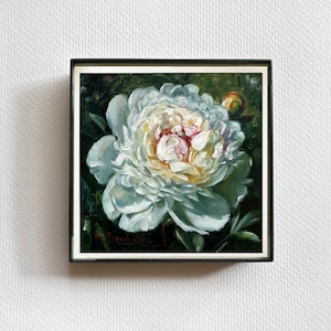 WHITE PEONY painting giclée print 4x4 miniature botanical fine art print FRAMED framed