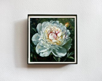 WHITE PEONY painting giclée print 4”x4” miniature botanical fine art print FRAMED