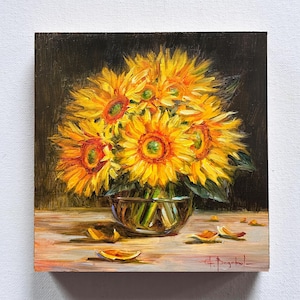 Sunflower bouquet original oil painting, colorful still life with sunflowers in vase, yellow flower art